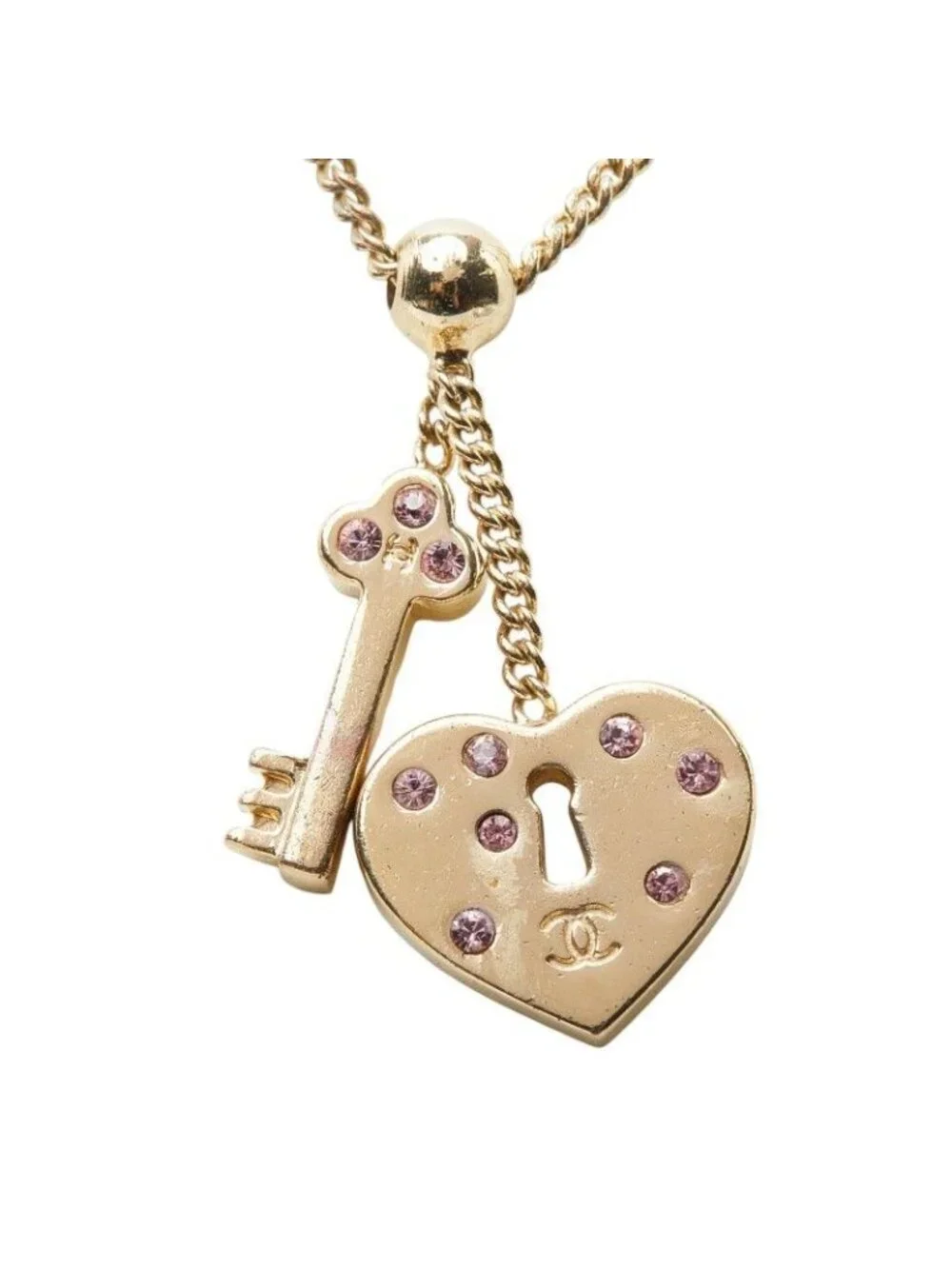 Chanel CC Logo Heart Key Necklace Gold Pink Plated Rhinestone